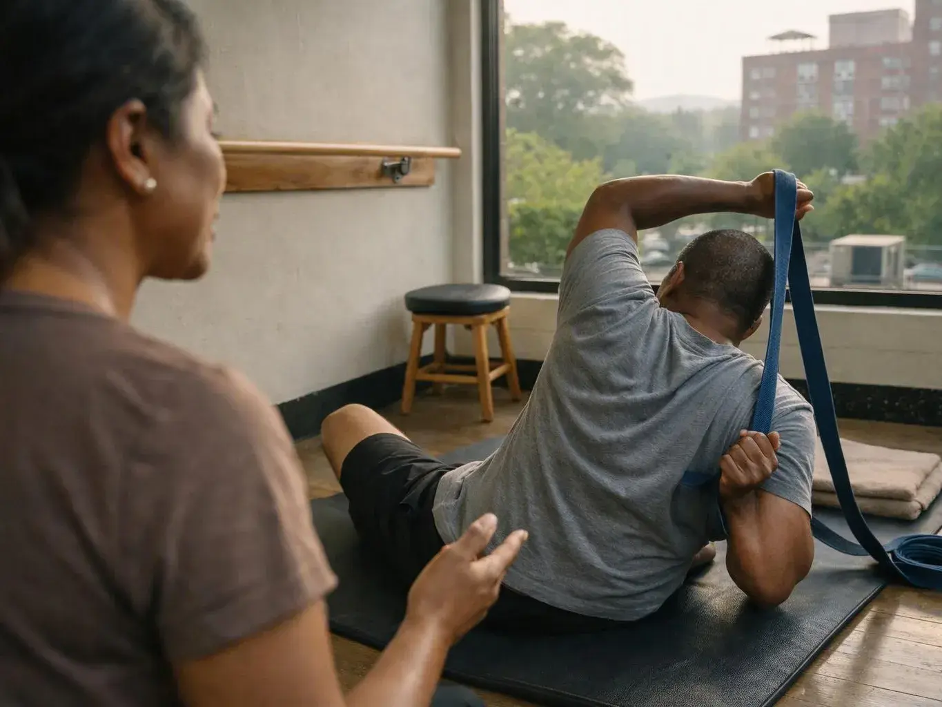 A man stretches on a mat with a blue strap while a woman watches in a bright studio