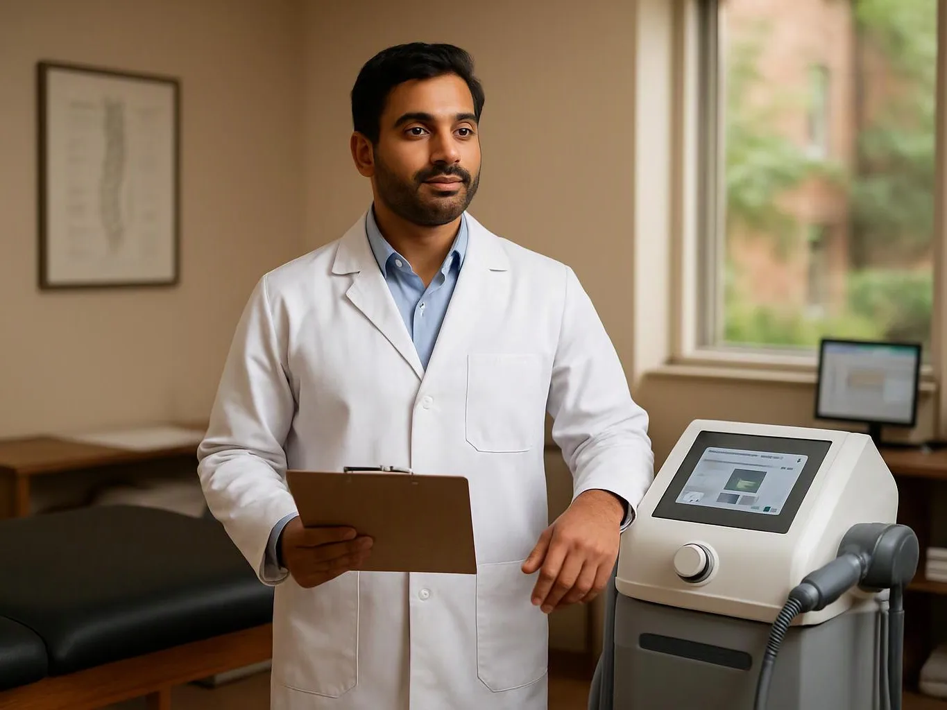 A man in a white lab coat stands beside medical equipment, holding a clipboard in a bright exam room