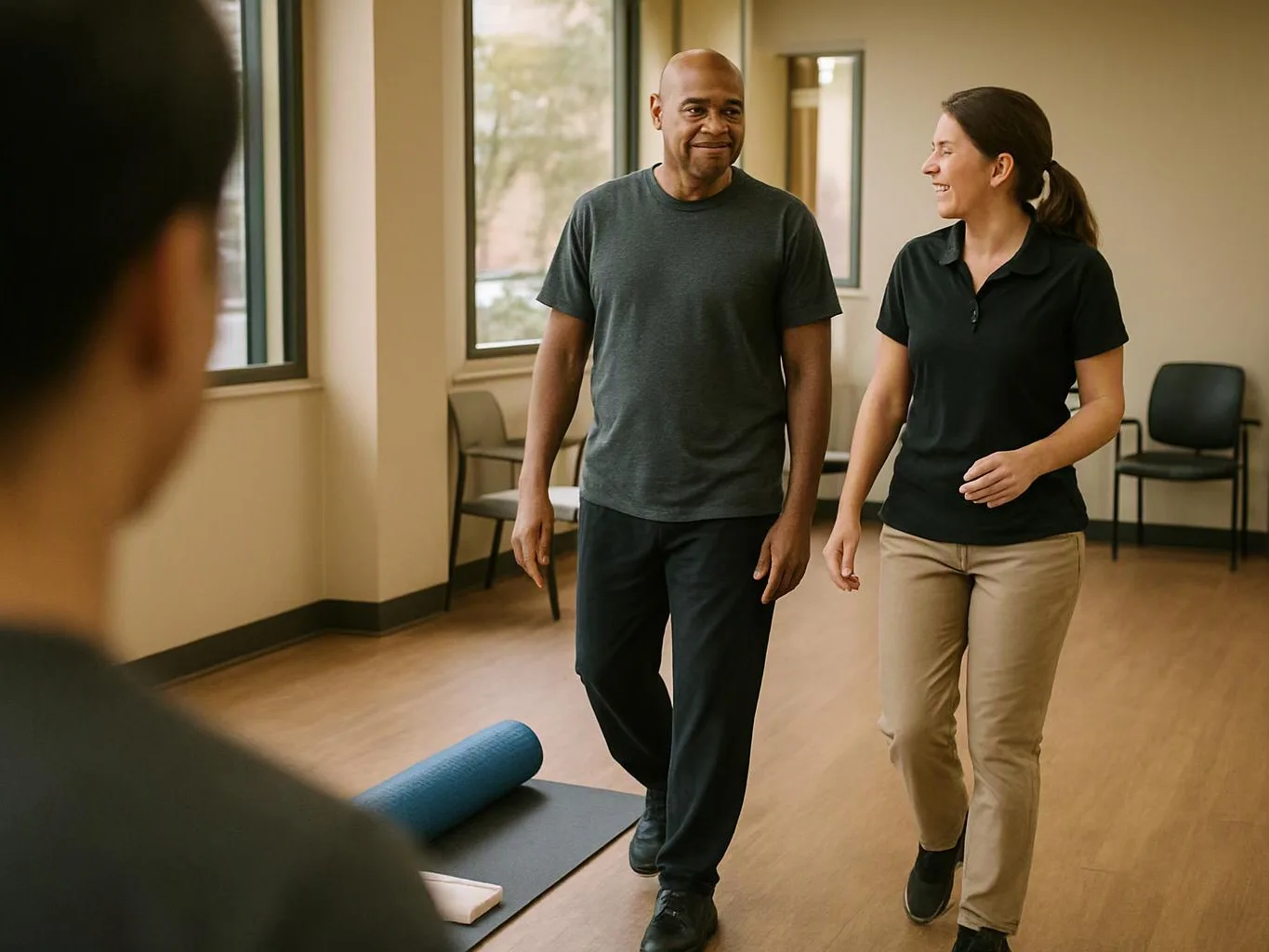 A man and woman walk and smile in a bright therapy room with mats and chairs