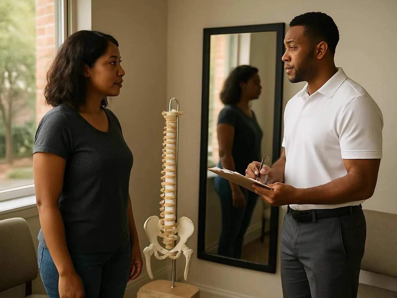 A man writes on a clipboard while facing a woman beside a spine model in a clinic room