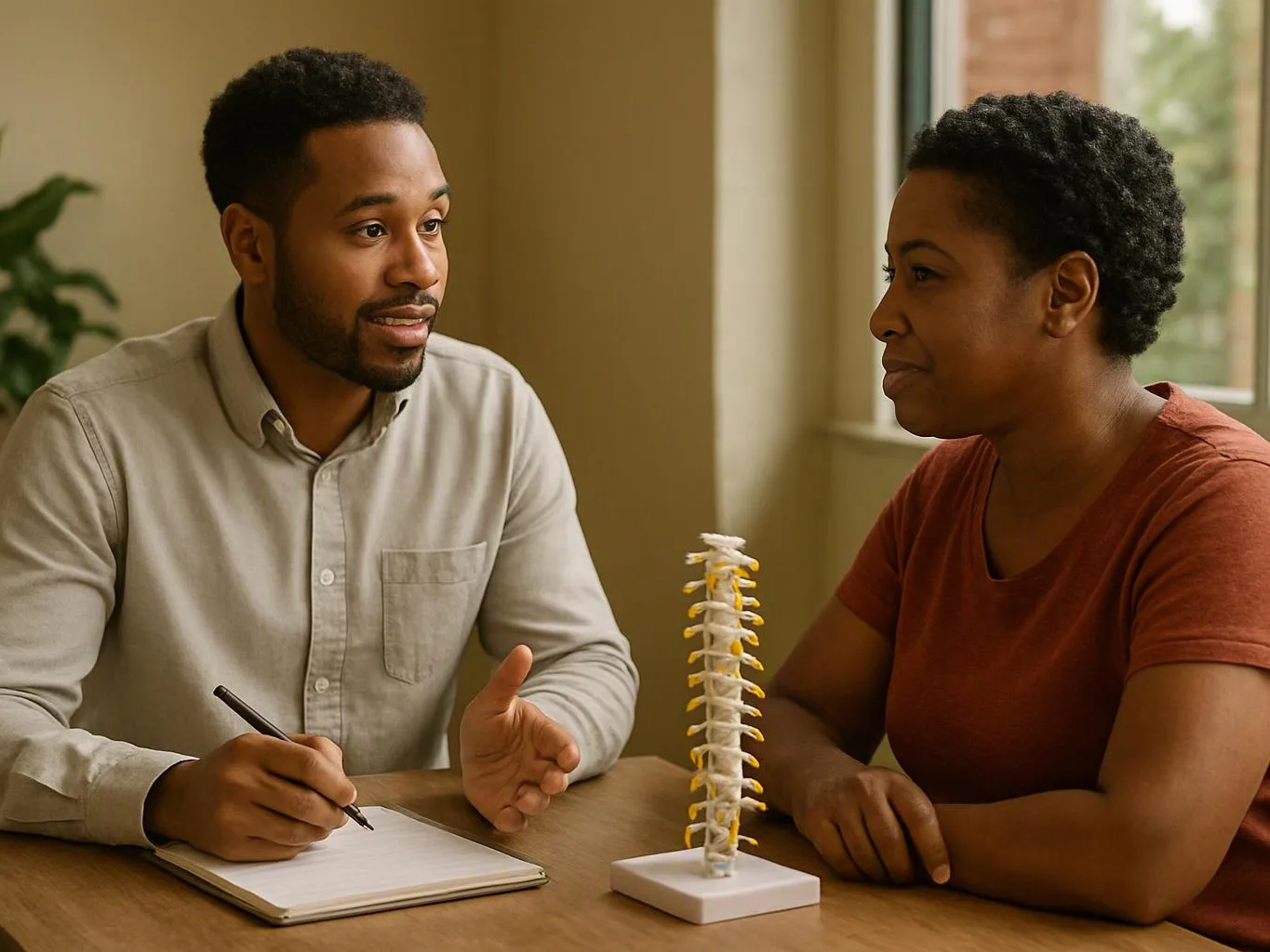 A man writes in a notebook while talking to a woman beside a small spine model at a table