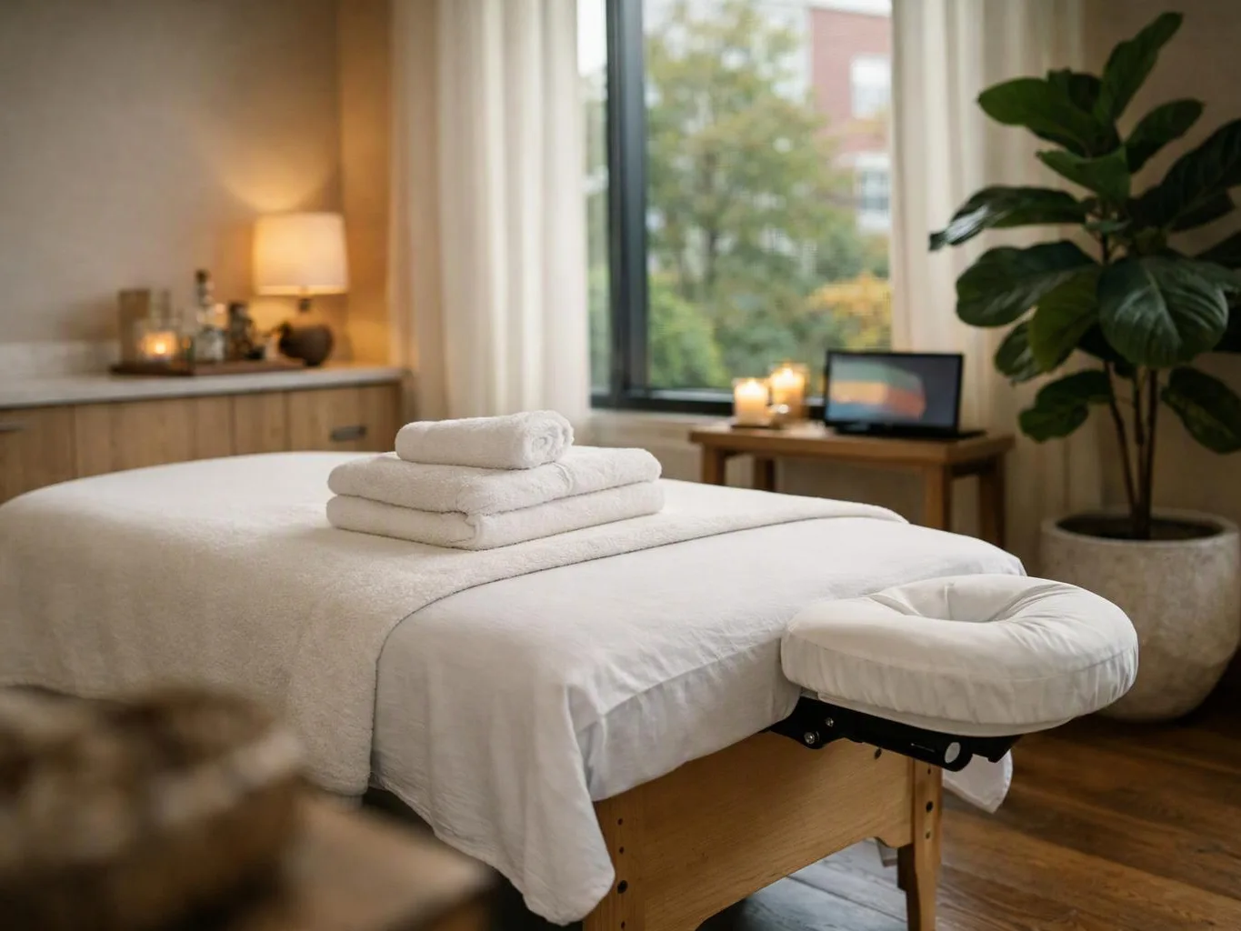 A massage table with folded towels sits in a softly lit room beside a window and potted plant