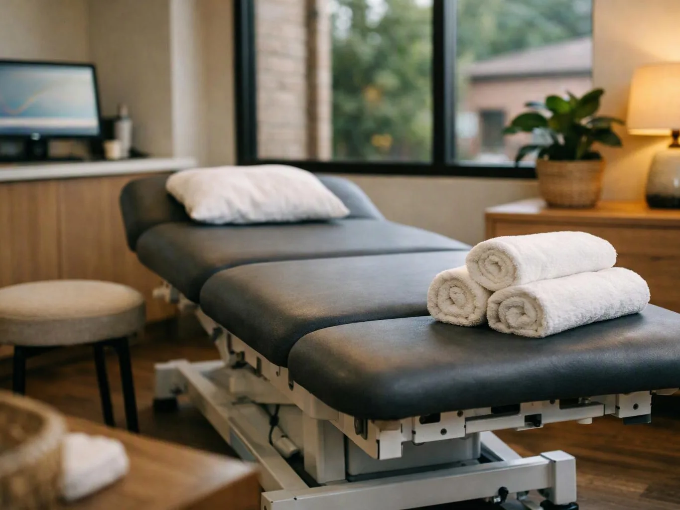 A massage table with rolled white towels sits in a calm room beside a window and lamp