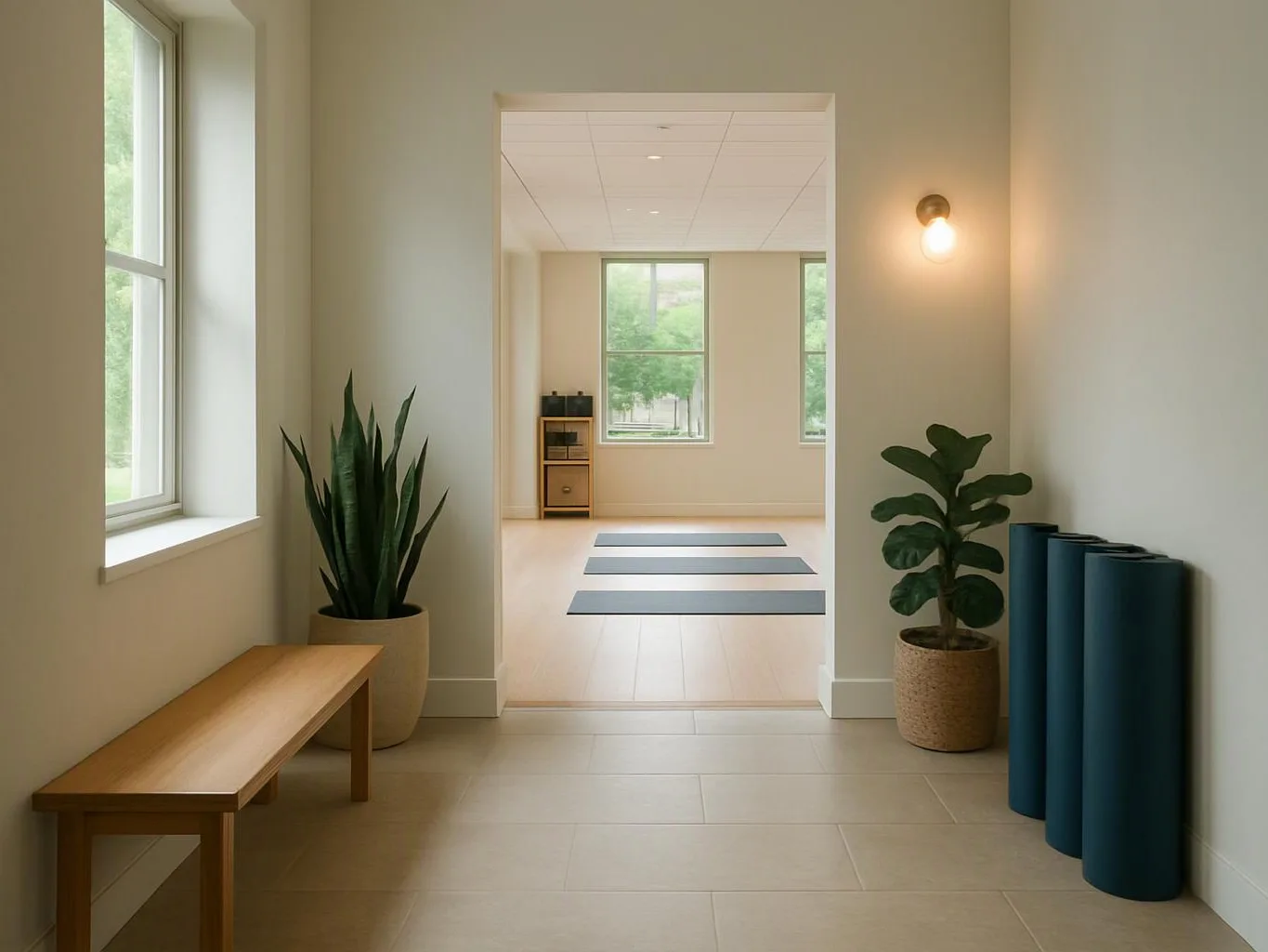 Minimal yoga studio hallway with benches, potted plants, mats, and bright windows visible through an open doorway