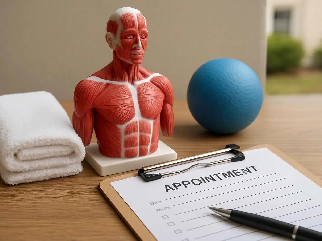 A muscle anatomy model sits beside a folded towel, blue ball, and appointment clipboard on a wooden table
