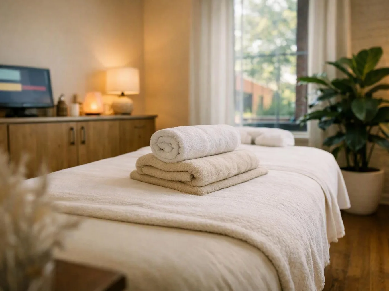 Neatly folded white towels rest on a massage bed in a softly lit spa room