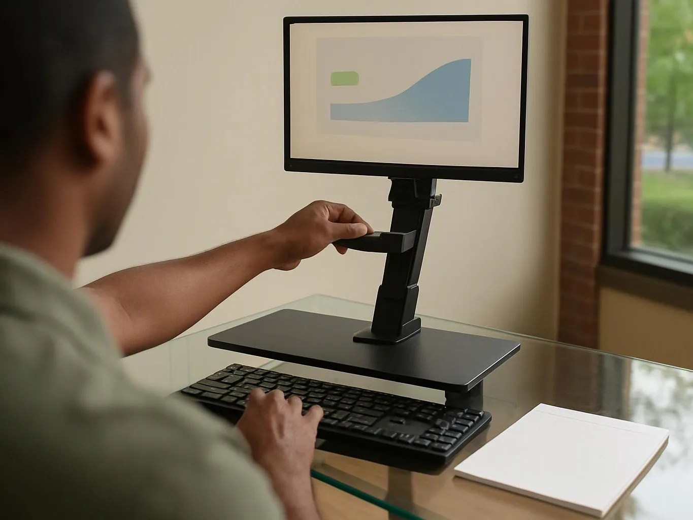 A person adjusts a monitor stand while typing at a desk beside a window and blank notebook