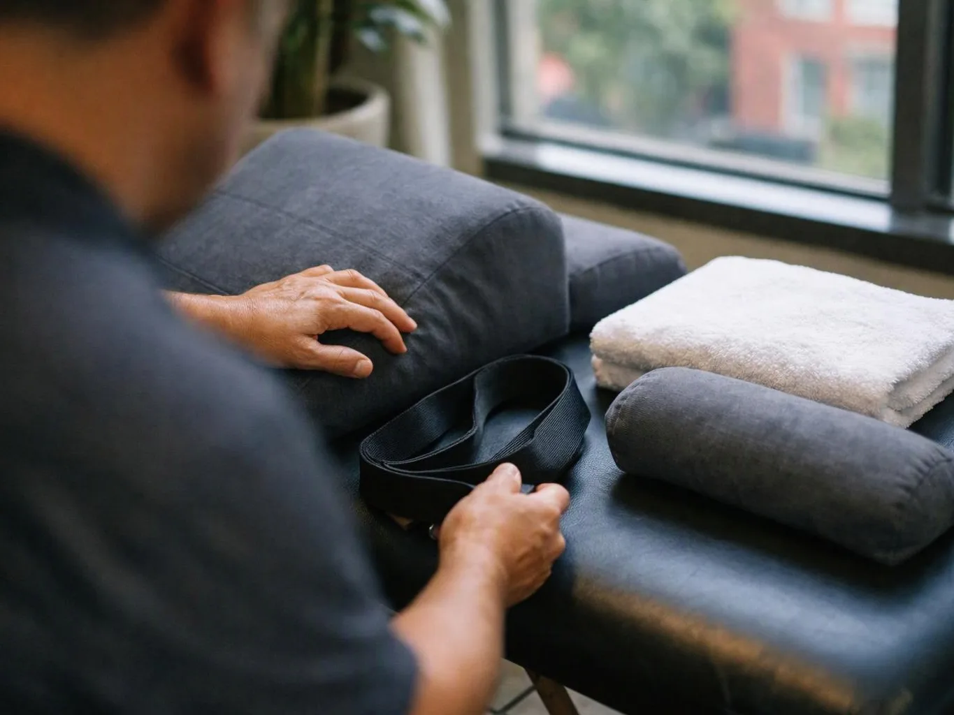 A person arranges folded towels, pillows, and a strap on a massage table beside a window