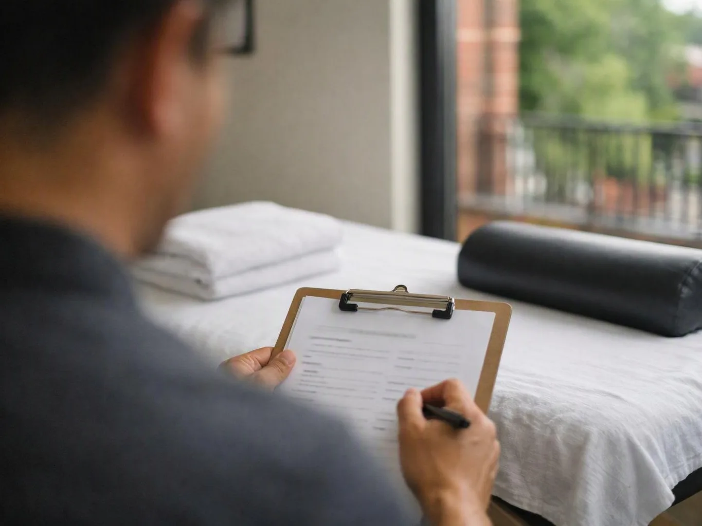 A person fills out a clipboard form beside a massage table in a bright room