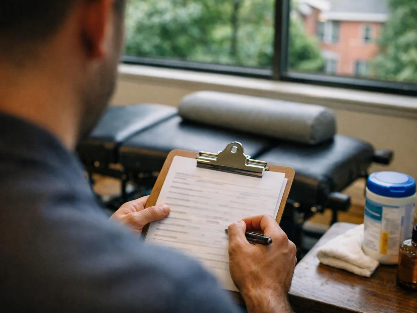 A person fills out a clipboard form in a therapy room with a treatment table and supplies near the window