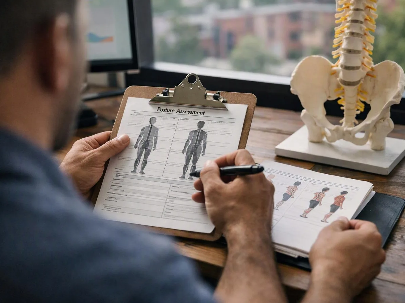 A person fills out a posture assessment form beside a spine model on a desk
