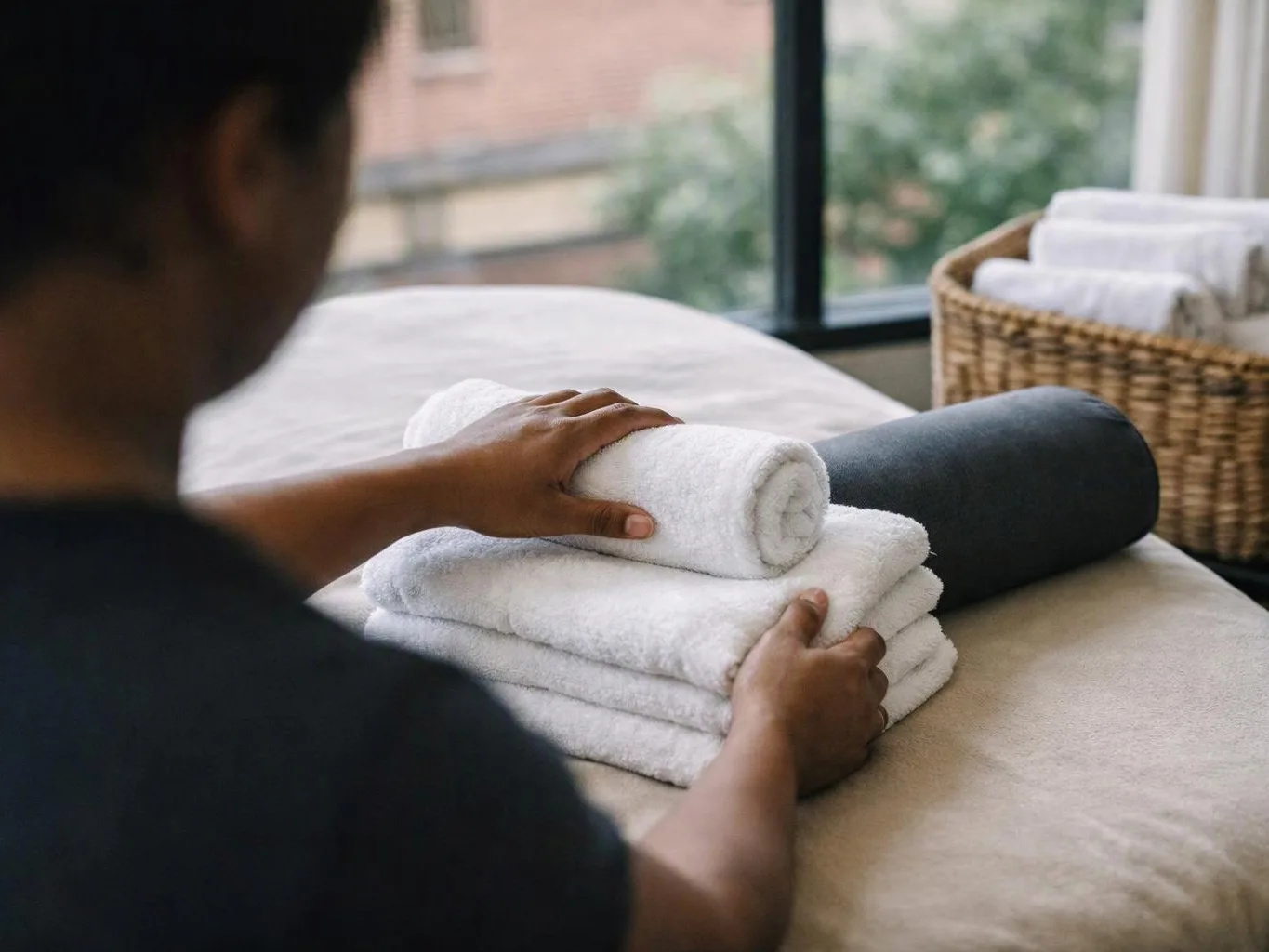 A person folds white towels on a massage table beside a wicker basket and window