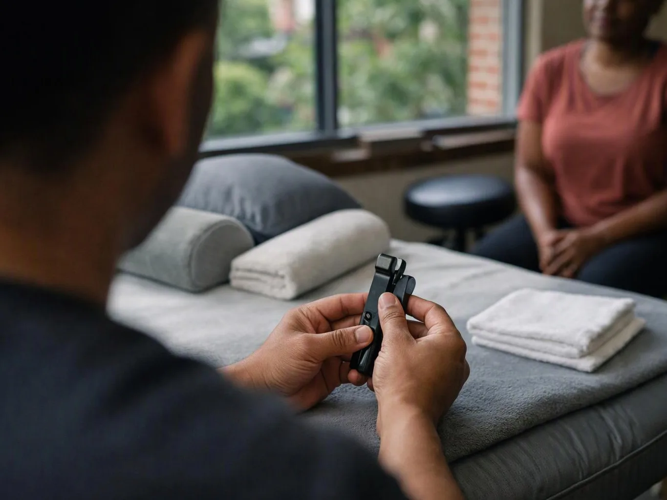 A person holds a black handheld device beside folded towels on a massage table while another person sits nearby