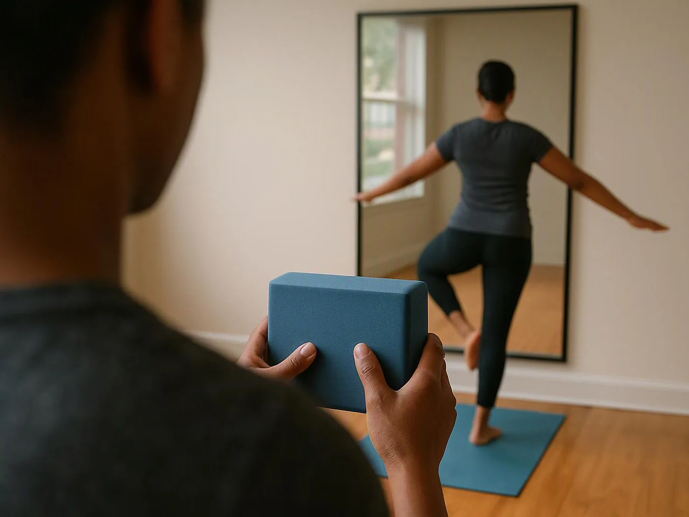 A person holds a blue yoga block while another balances on one leg in front of a mirror