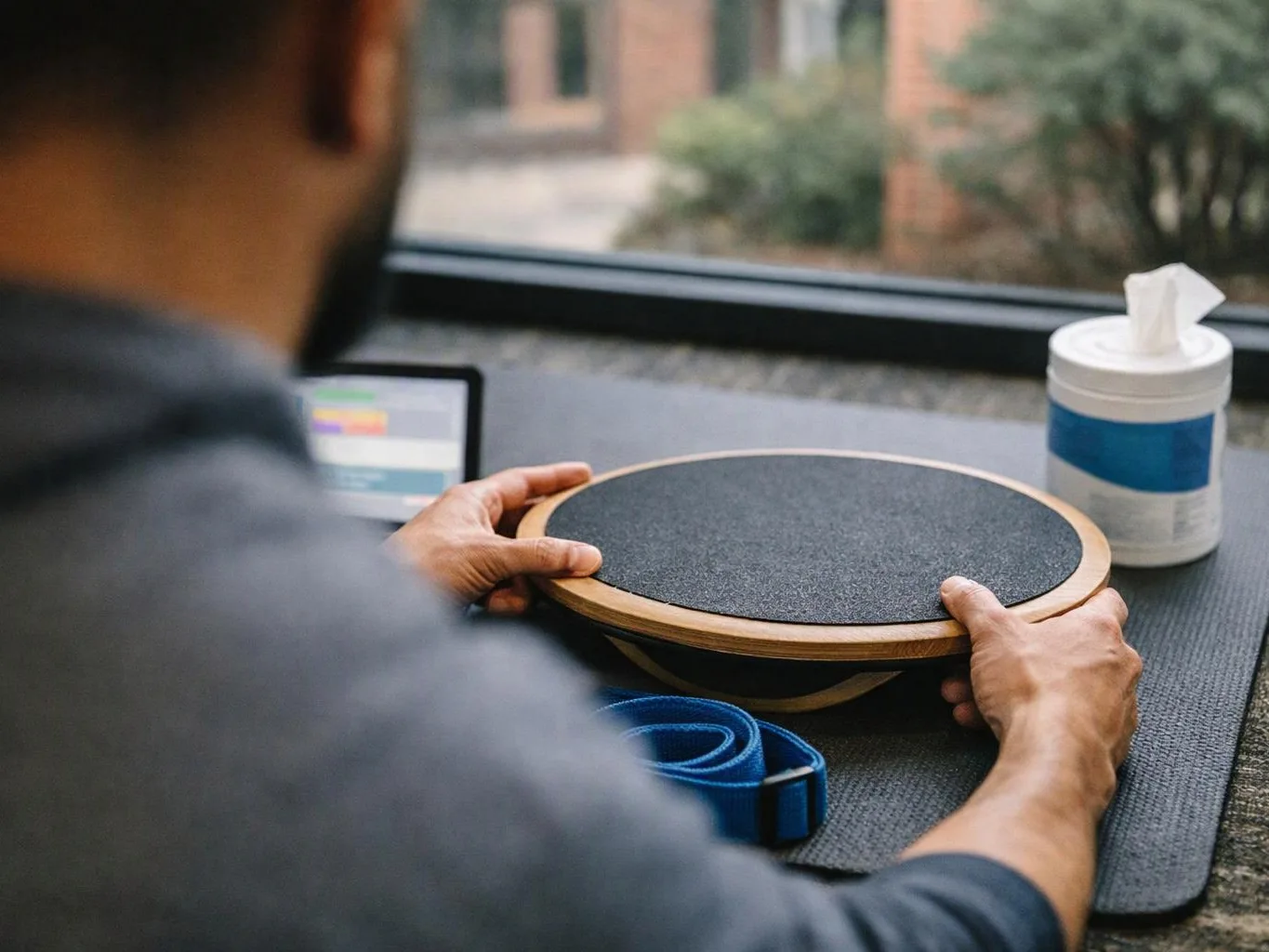 A person holds a round balance board on a table beside a laptop, a blue strap, and a tissue container