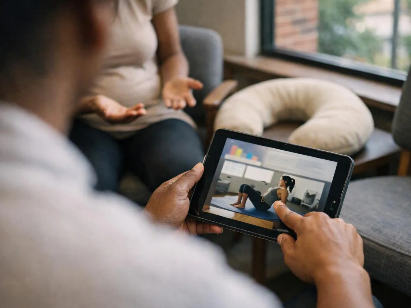 A person holds a tablet showing a woman exercising while another person sits nearby in a waiting room