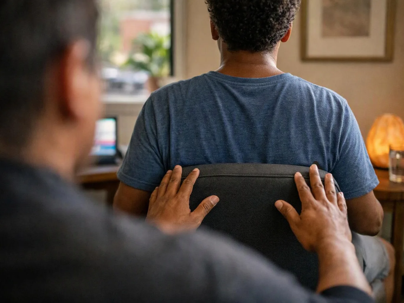 A person rests hands on another person's chair back in a softly lit room