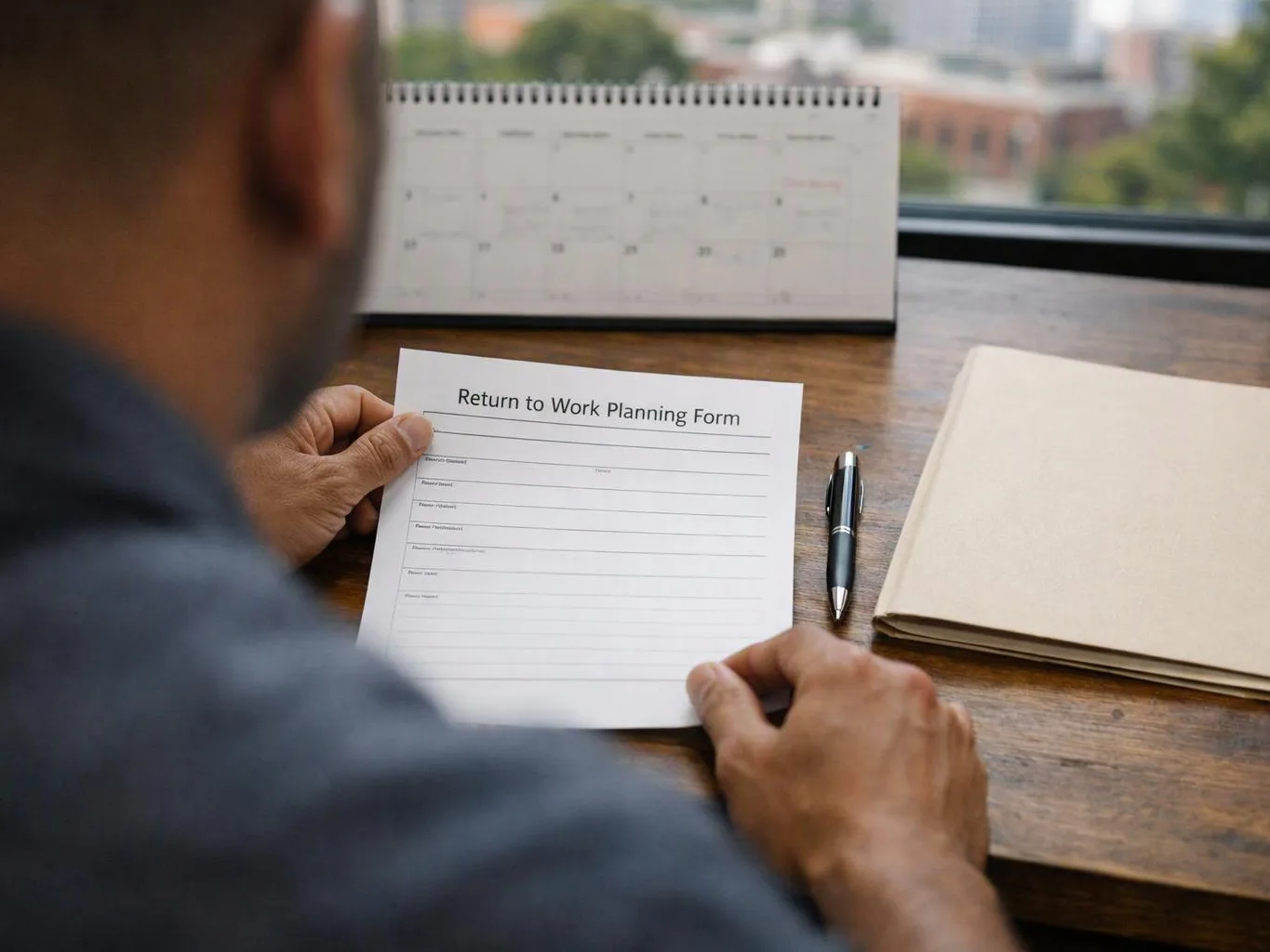 A person sits at a desk holding a “Return to Work Planning Form” beside a pen, calendar, and folder