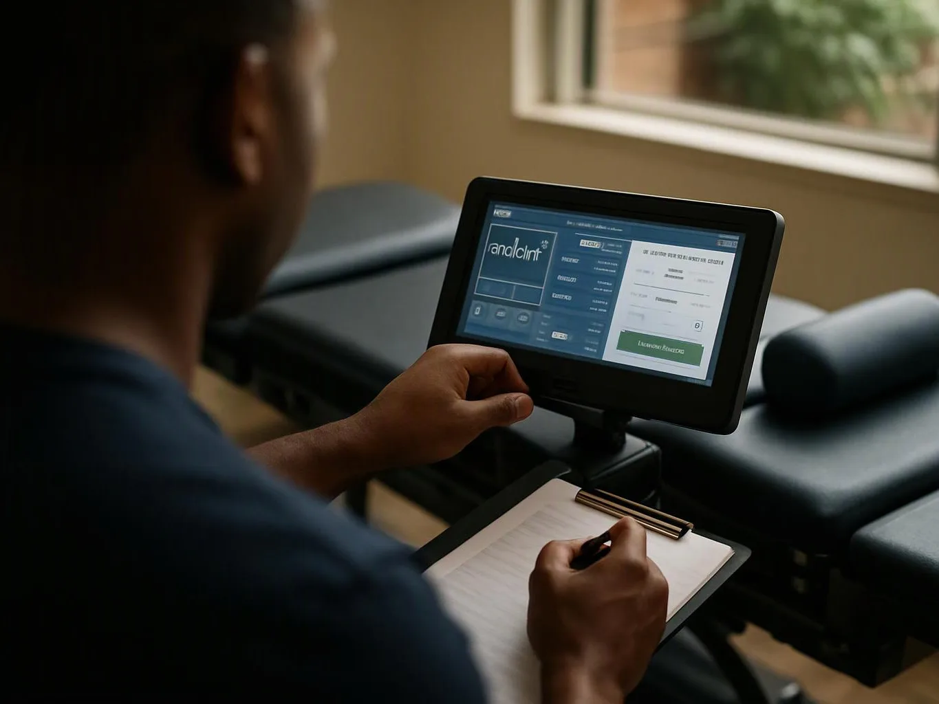 A person sits at a massage table, using a touchscreen monitor beside a notepad and pen