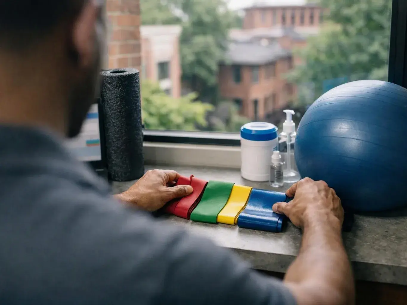 A person sits at a table, arranging colorful resistance bands beside an exercise ball and bottles by a window
