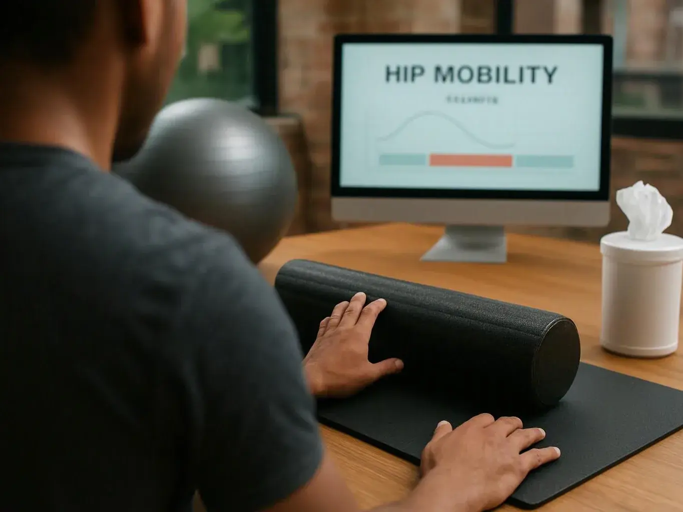 A person stretches on a desk mat while viewing a monitor labeled “HIP MOBILITY” in a bright office