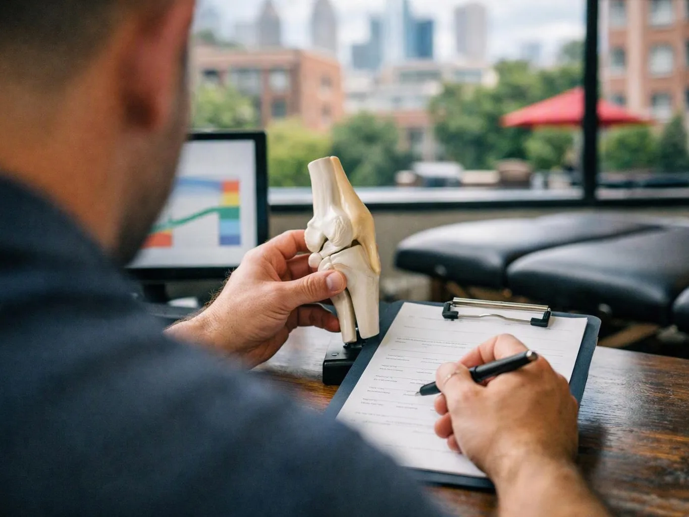 A person studies a knee model while filling out a form at a desk near a window