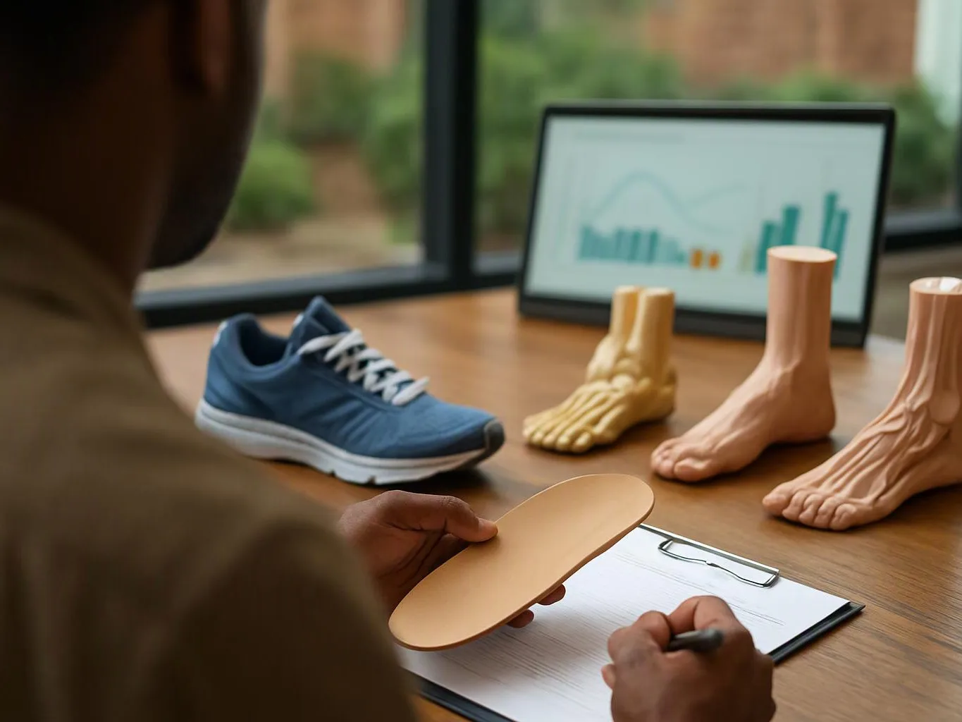 A person studies shoe and foot models at a desk, with a laptop showing charts and a clipboard nearby