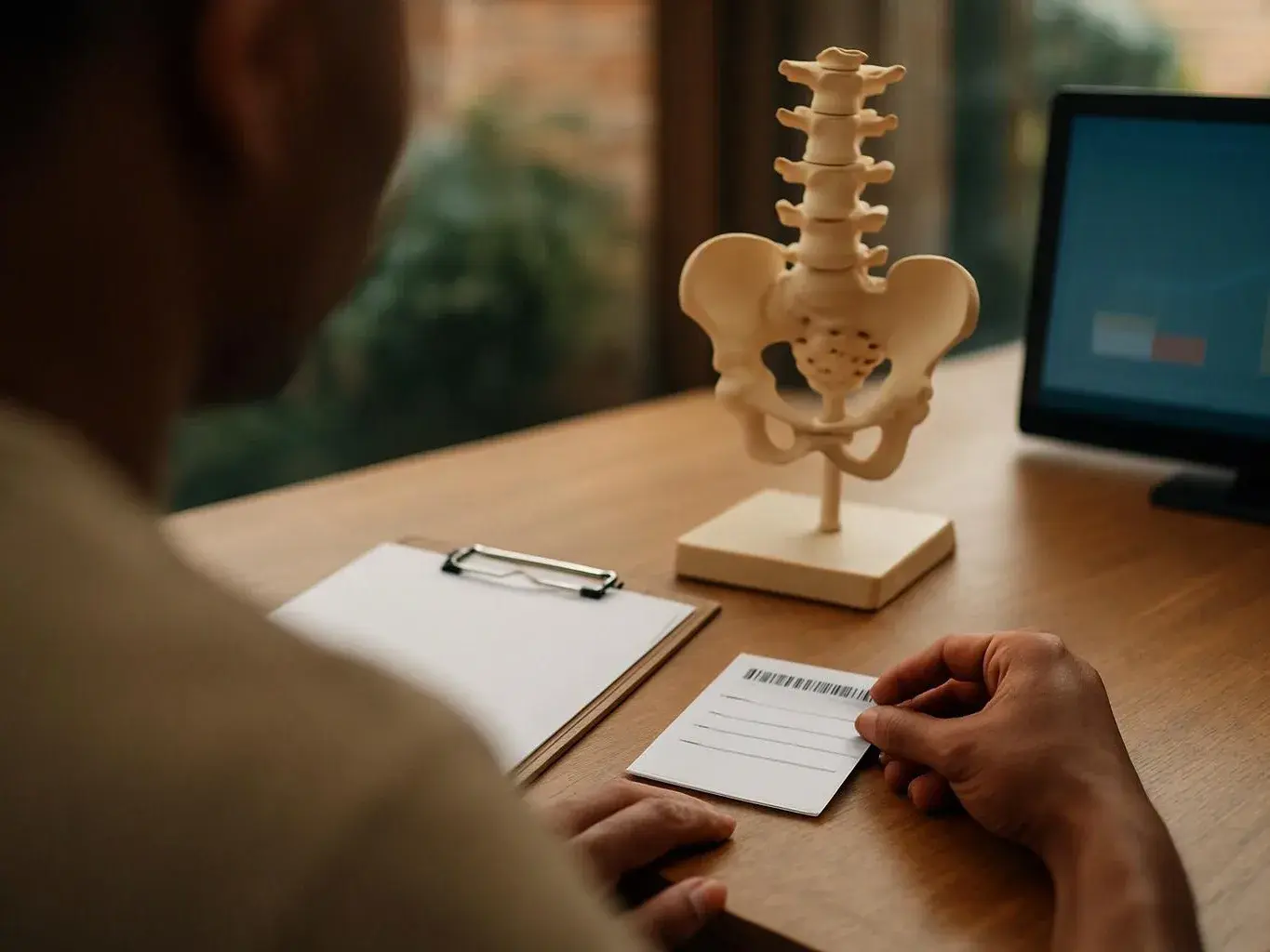 A person studies a spine model at a desk while holding a card beside a clipboard and laptop