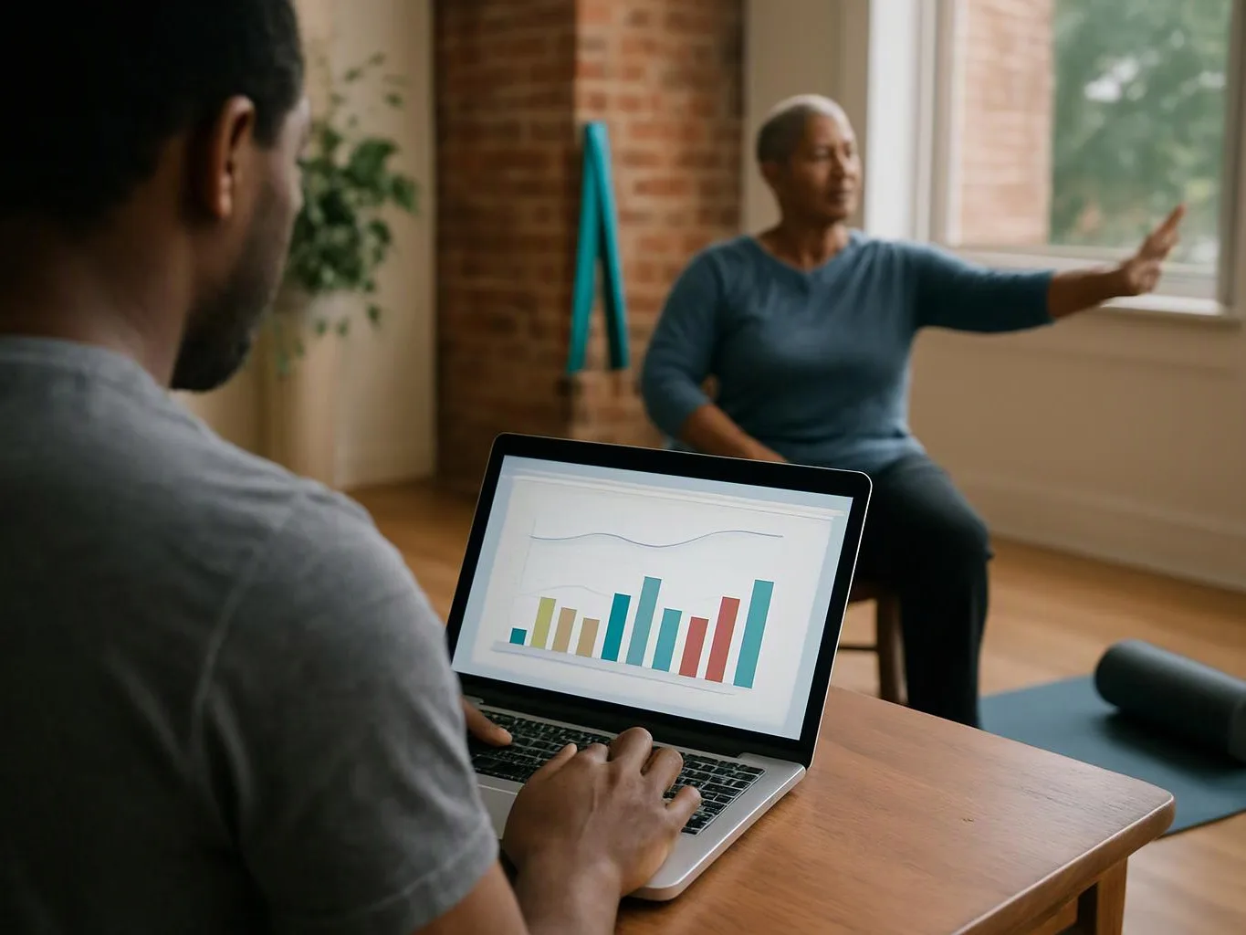 A person uses a laptop with a bar chart while another sits nearby gesturing in a bright room