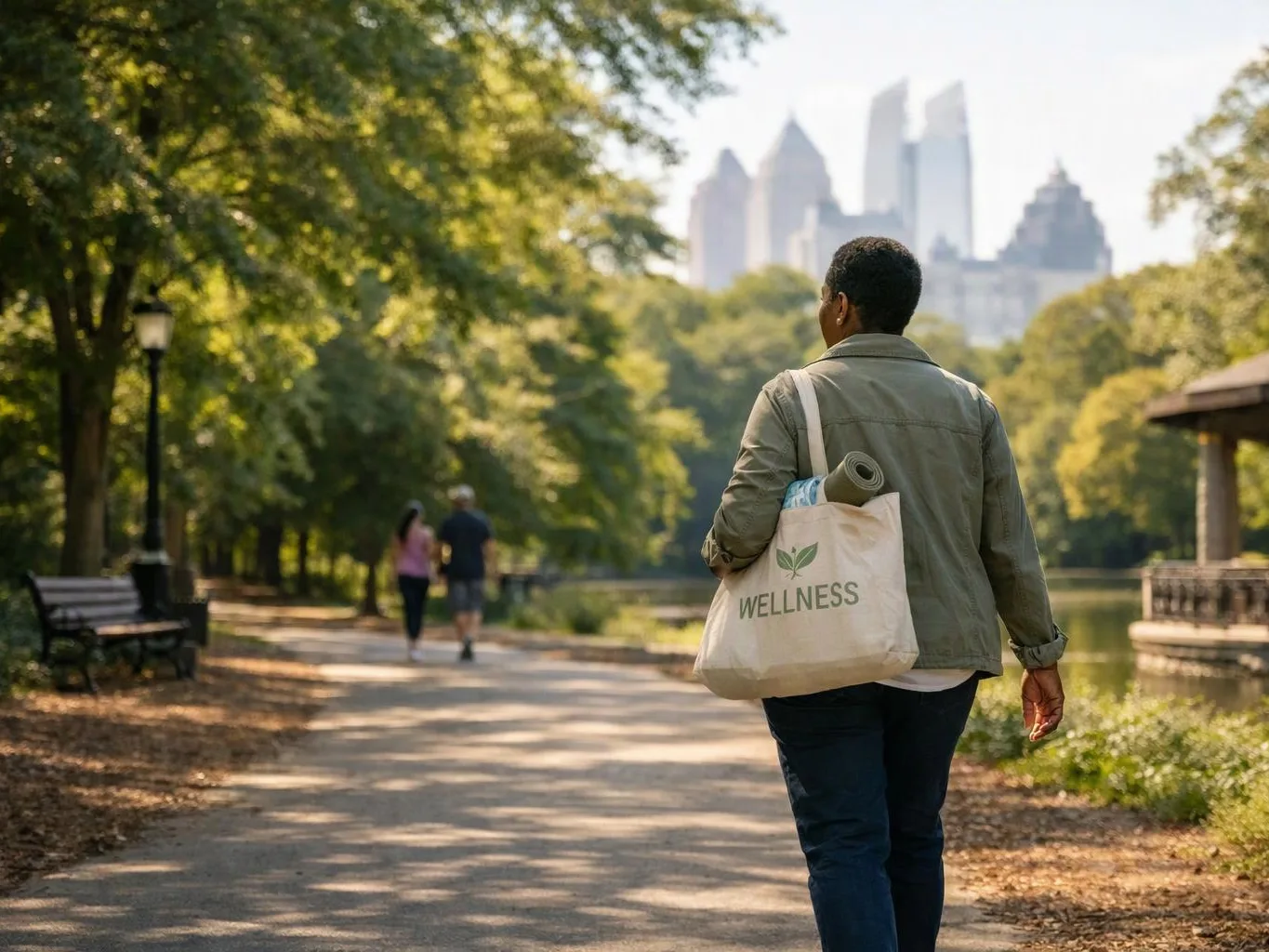 A person walks along a tree-lined park path, carrying a tote bag labeled “WELLNESS” and a rolled mat