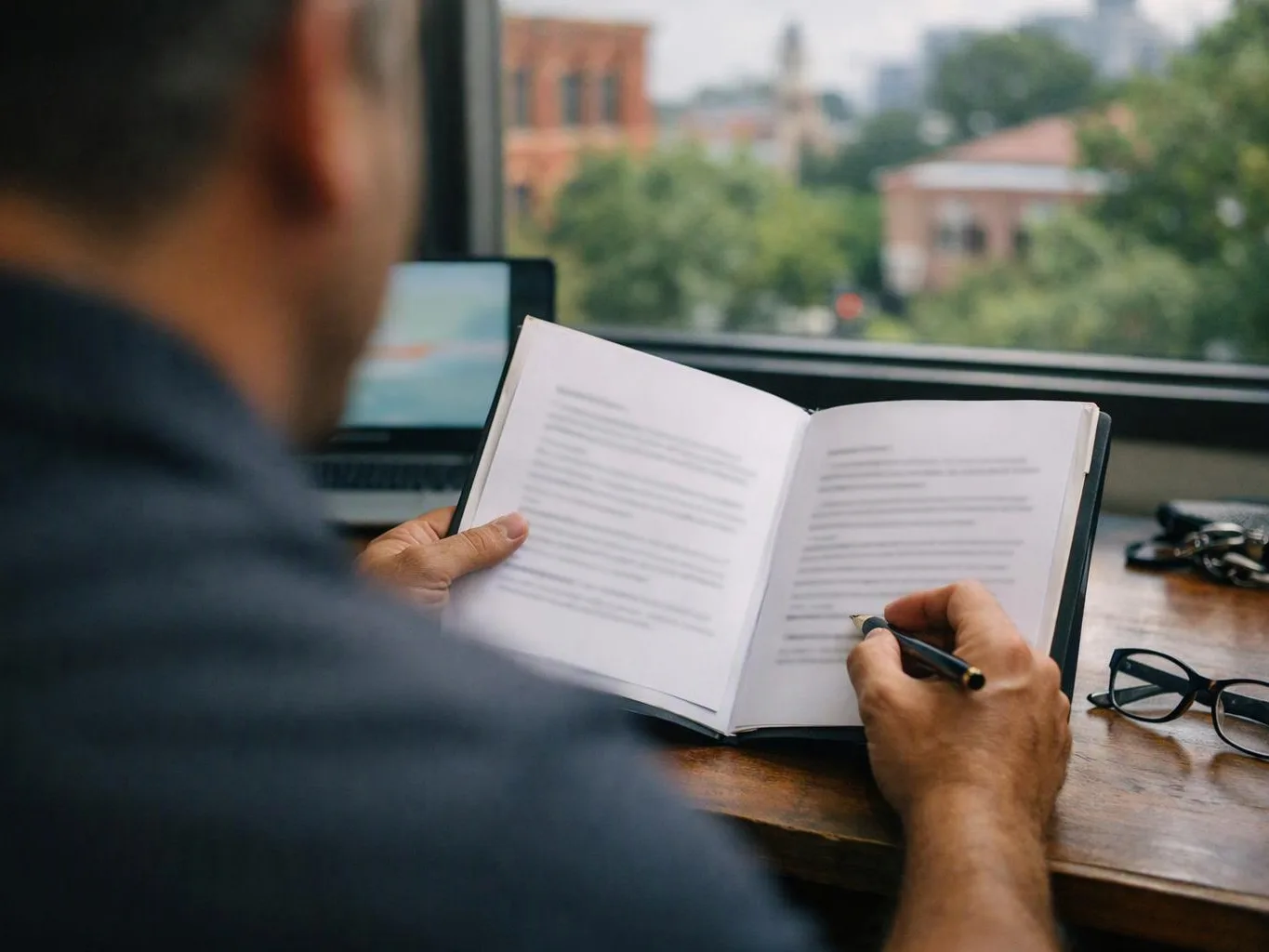 A person writes in an open book at a desk beside a laptop and eyeglasses by a window