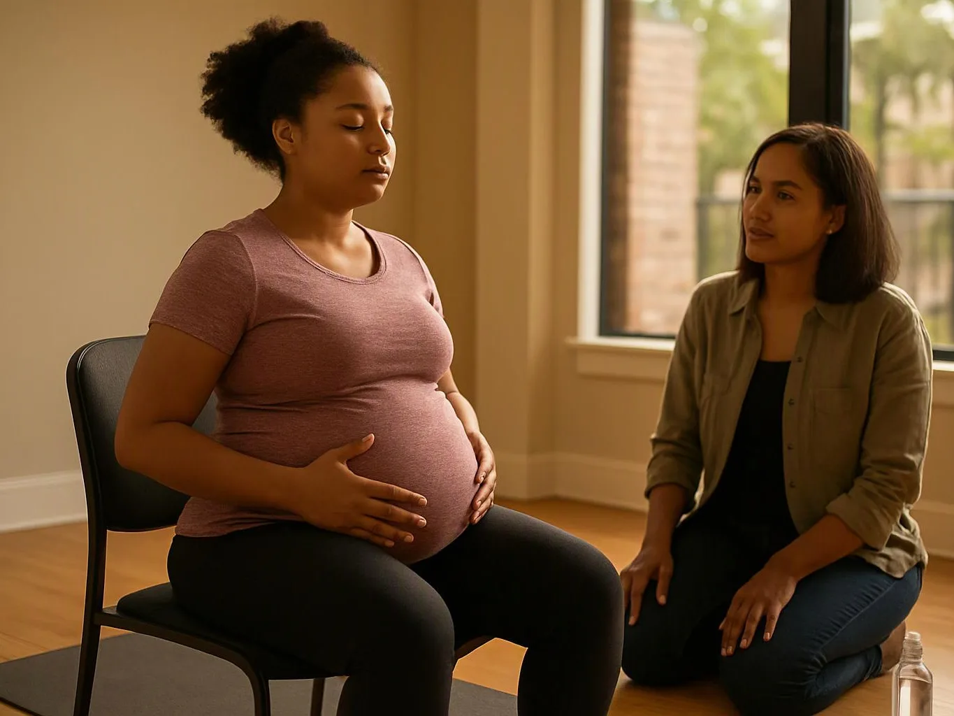 Pregnant woman sits calmly on a chair while another woman kneels beside her in a bright room