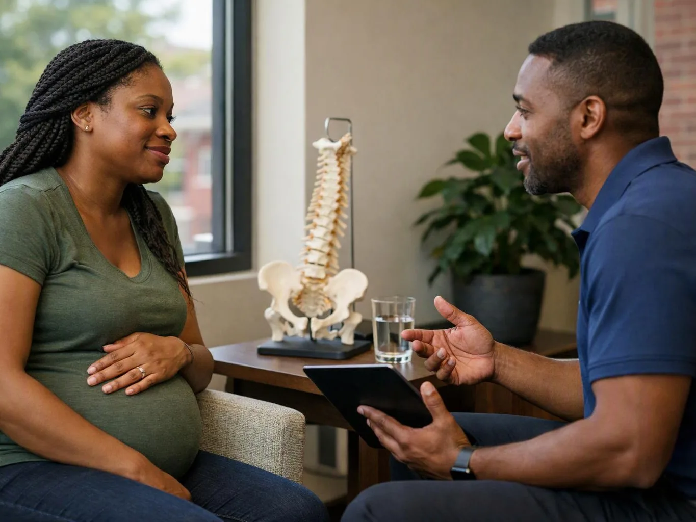 A pregnant woman talks with a man holding a tablet in a bright office, with a spine model and water glass behind them