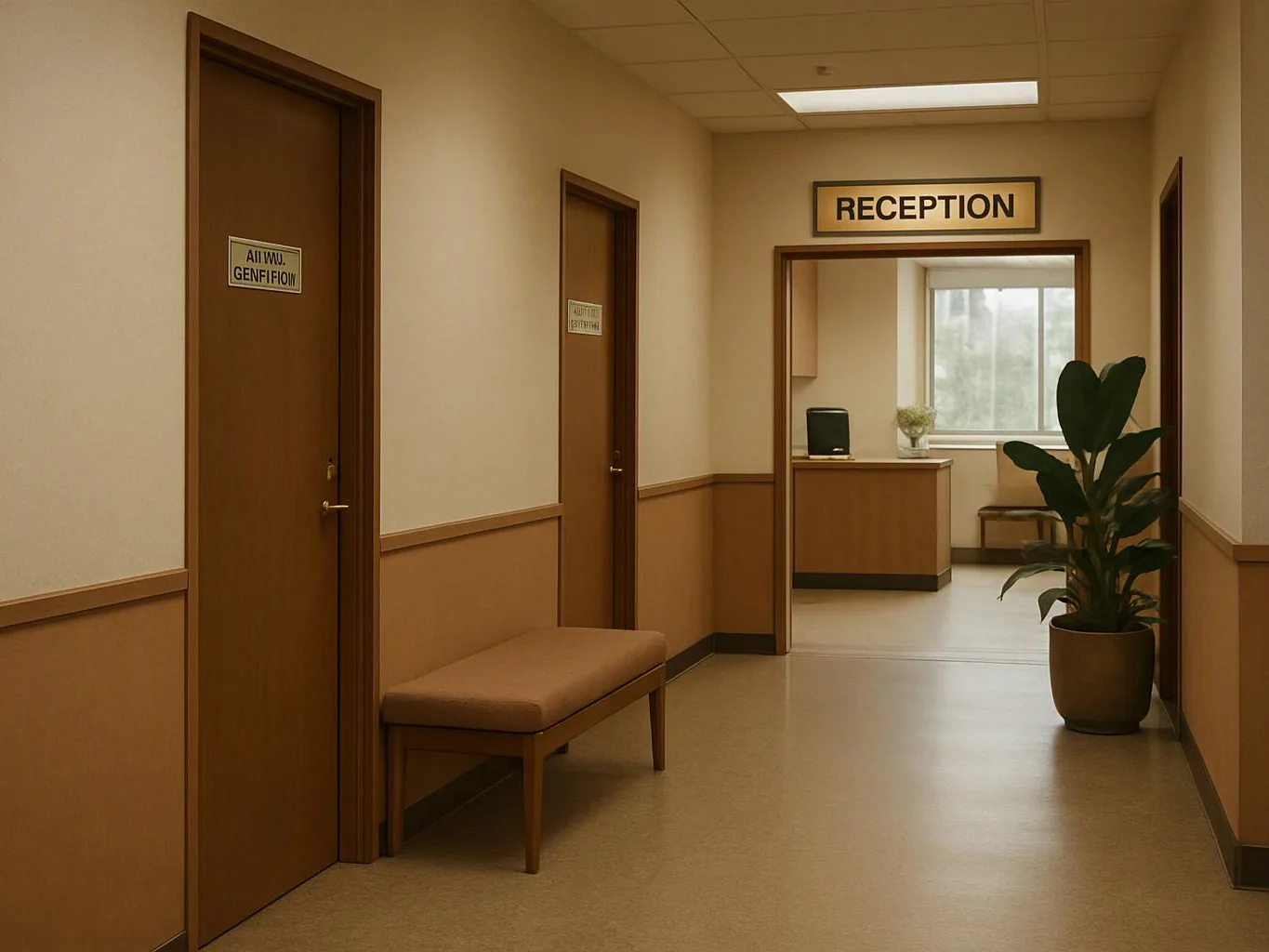 A quiet beige hallway leads to a reception desk, with closed doors, a bench, and a potted plant