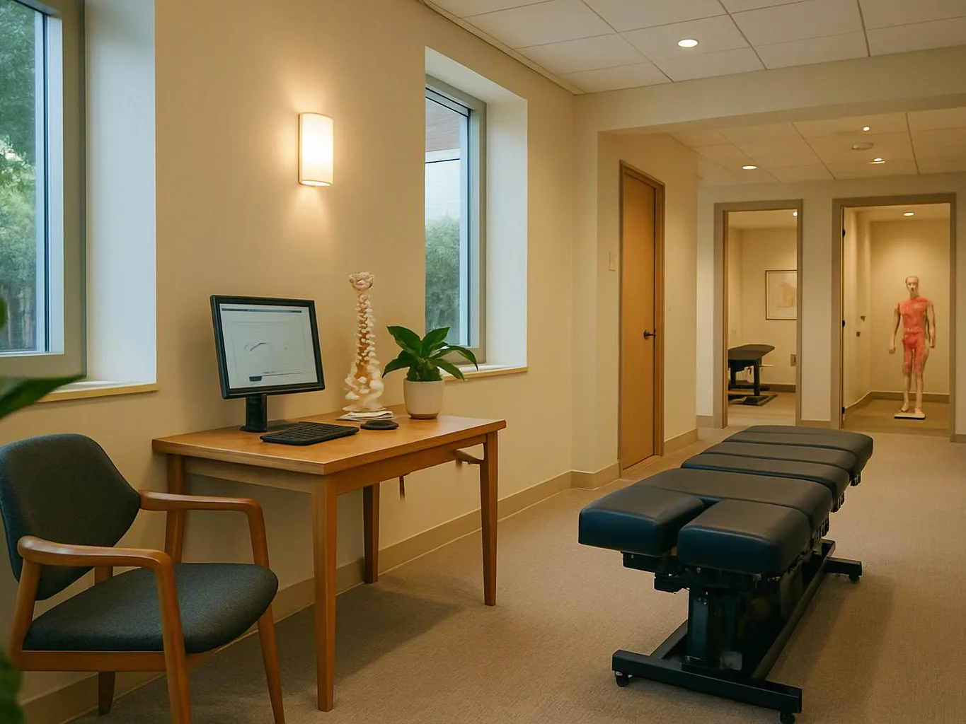 A quiet chiropractic exam room shows a treatment table, desk, chair, computer, and a spine model on display