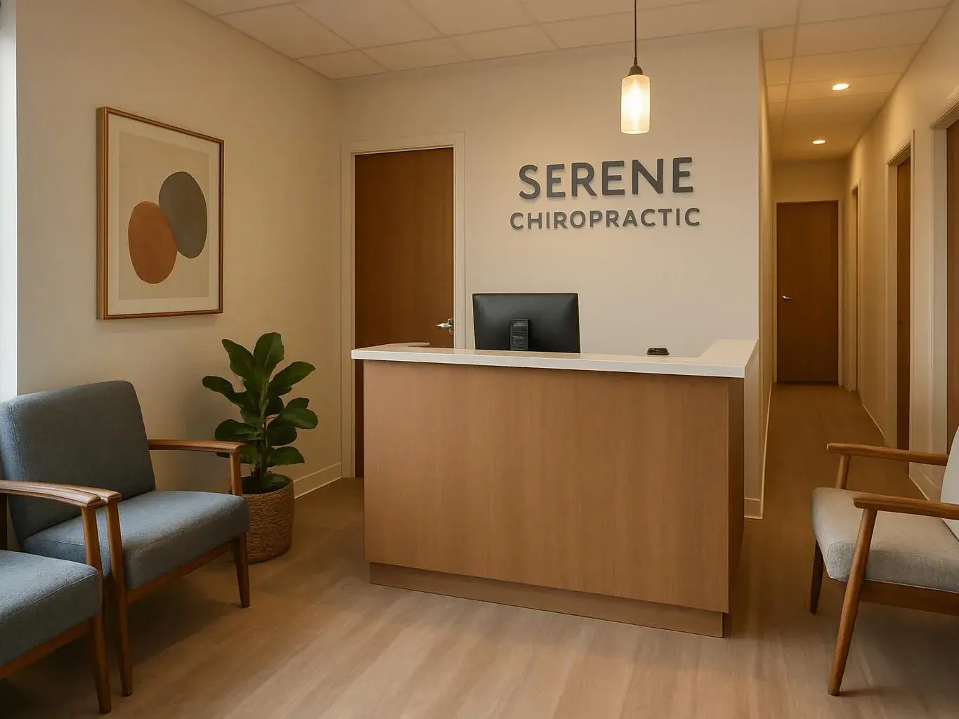 A quiet clinic reception area has a wooden desk, waiting chairs, a potted plant, and SERENE CHIROPRACTIC on the wall