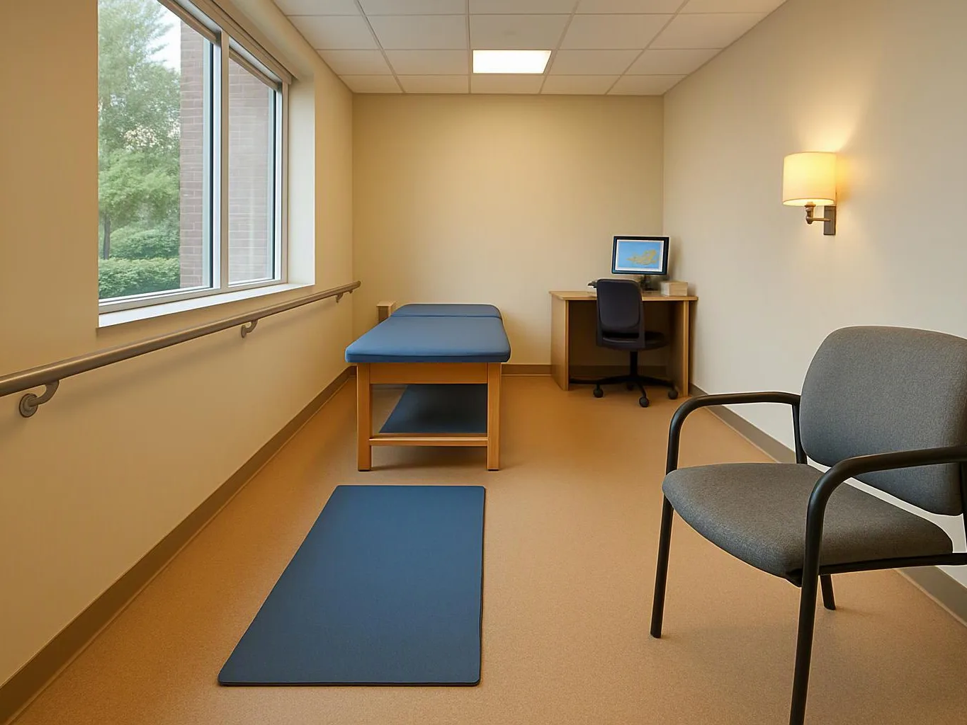 A quiet exam room has a blue table, a gray chair, a computer desk, and a window with trees outside
