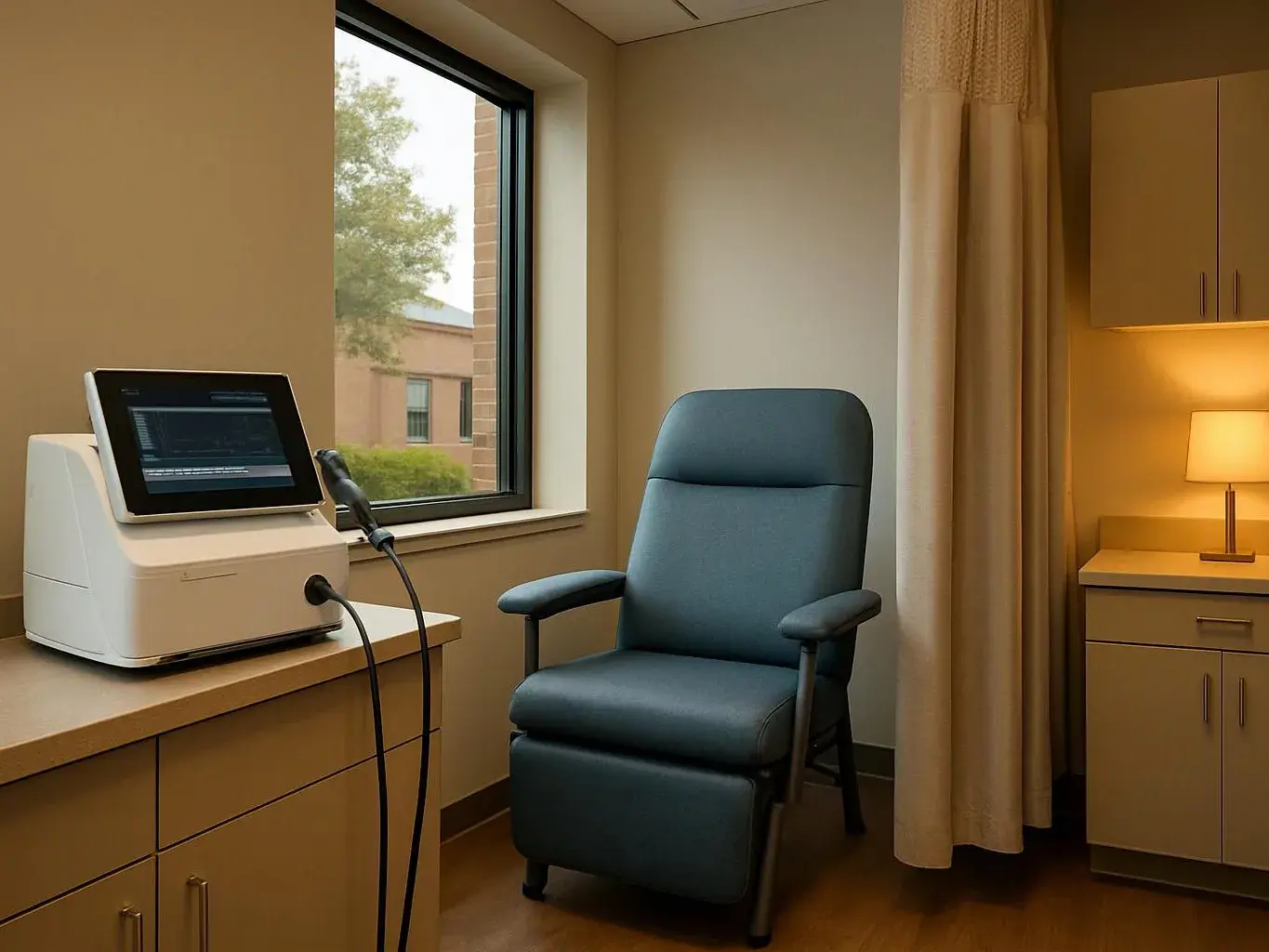 A quiet exam room shows a blue chair, a medical device, a window, and a small lamp-lit cabinet