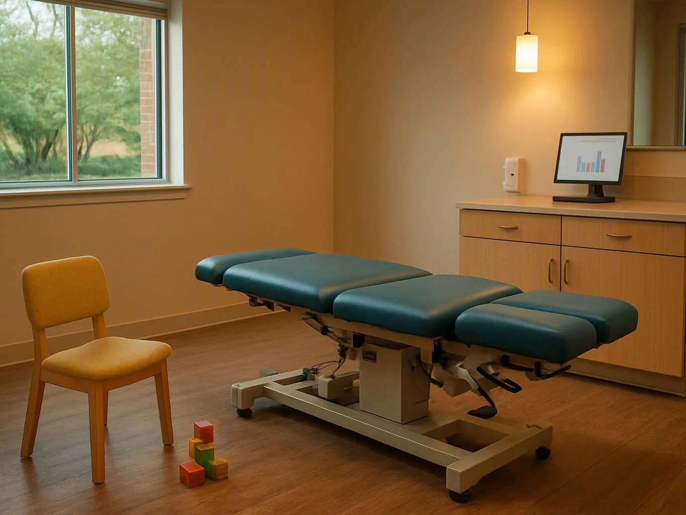 A quiet exam room with a teal treatment table, yellow chair, window, and cabinet with a small monitor
