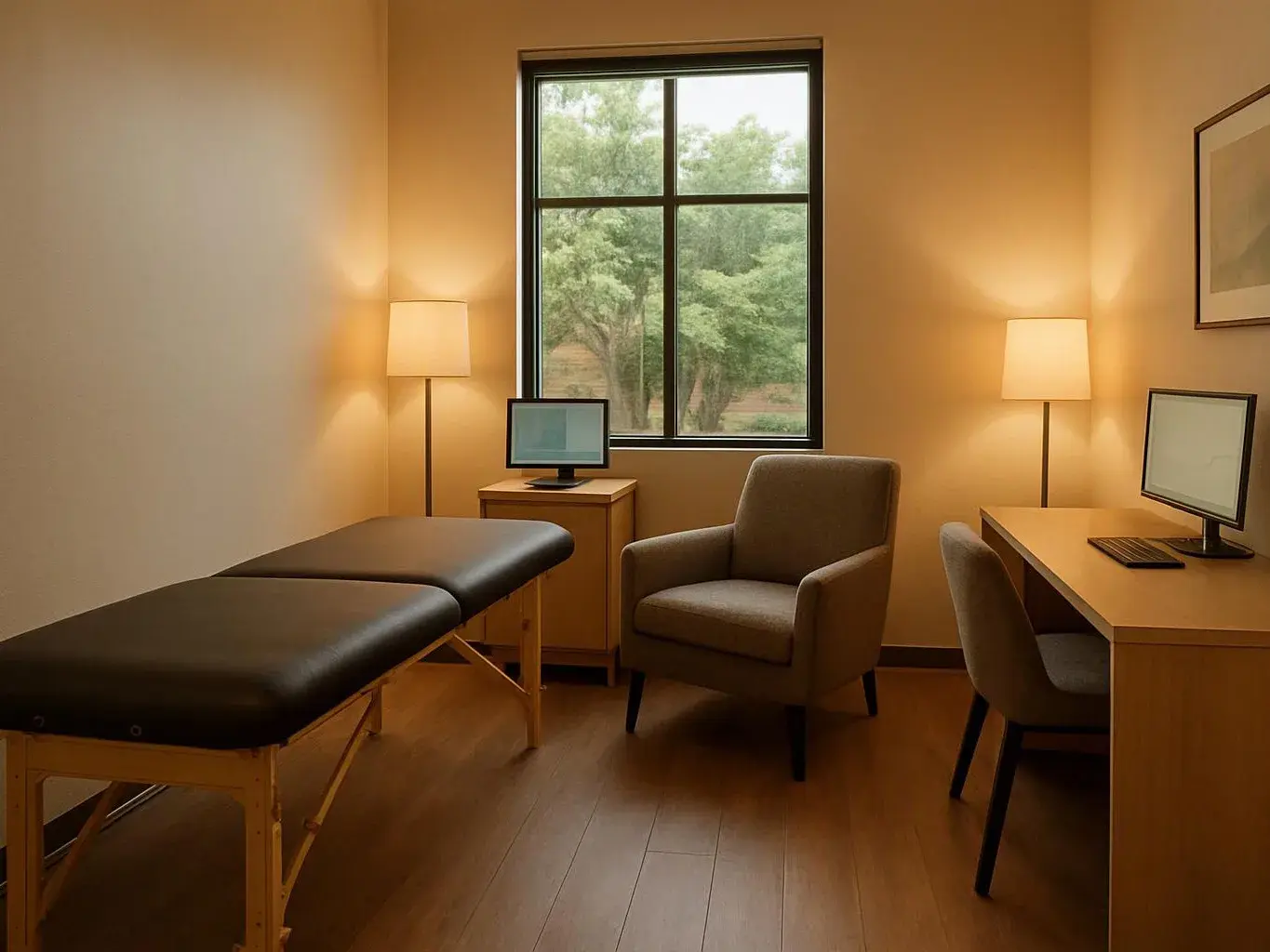 A quiet exam room with a treatment table, armchair, desk, lamps, and a window looking out at trees