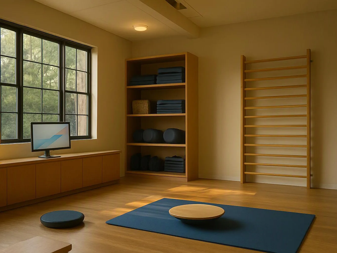 A quiet exercise room shows mats, a round balance platform, wooden shelves, and a large window with trees outside