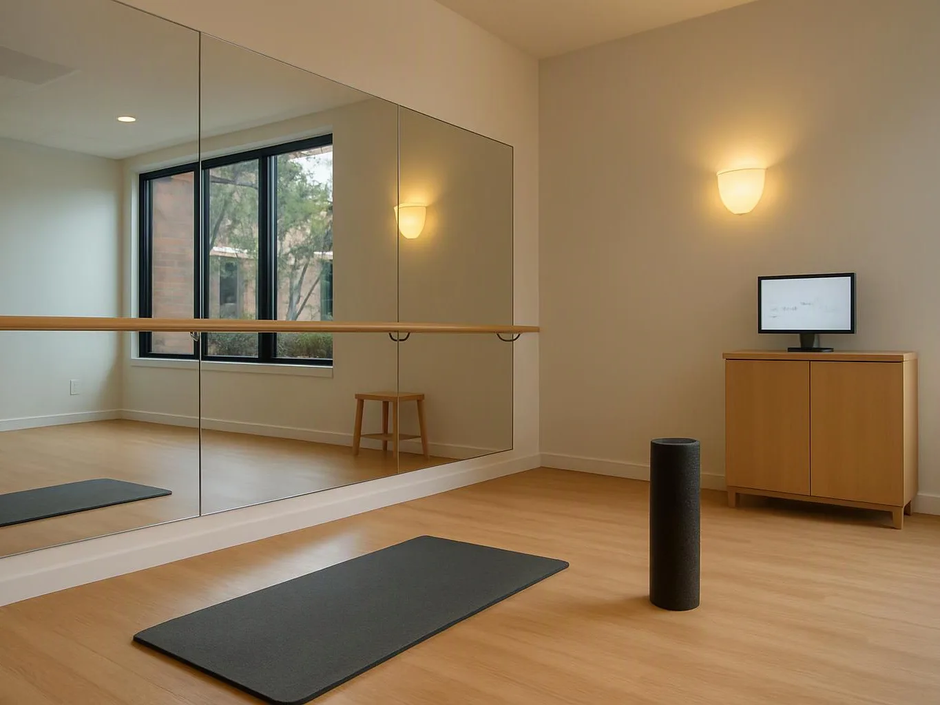 A quiet exercise room shows mirrors, yoga mats, a stool, and a cabinet with a small screen