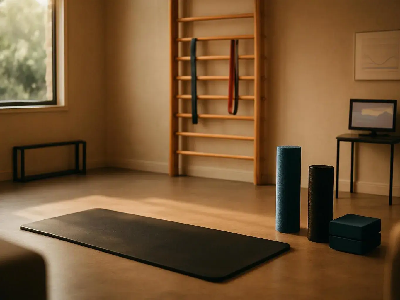 A quiet exercise room shows a yoga mat, foam rollers, blocks, wall bars, and a small table by the window