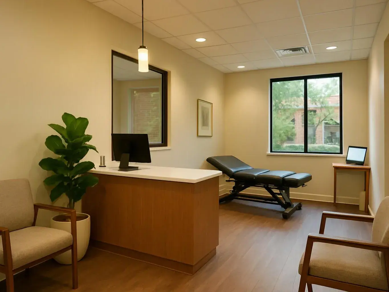 A quiet medical exam room has a desk, chairs, a treatment table, and a large window with trees outside