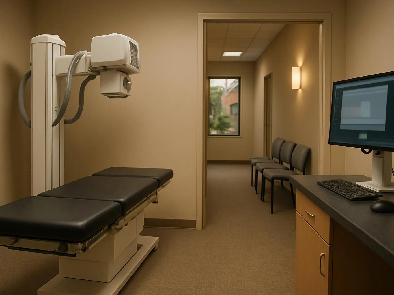 A quiet medical exam room with an X-ray machine, exam table, waiting chairs, and a computer desk