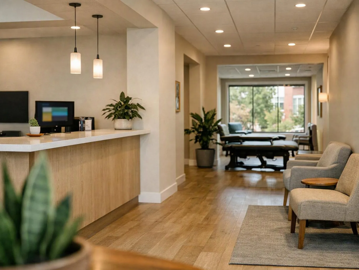 A quiet medical waiting room shows a reception desk, treatment tables, and beige chairs by a window