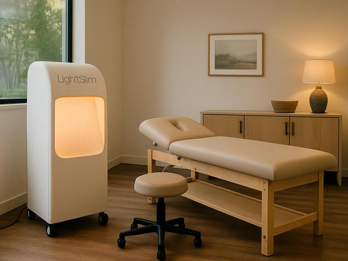 A quiet treatment room shows a massage table, stool, glowing therapy cabinet, cabinet, lamp, and framed wall art