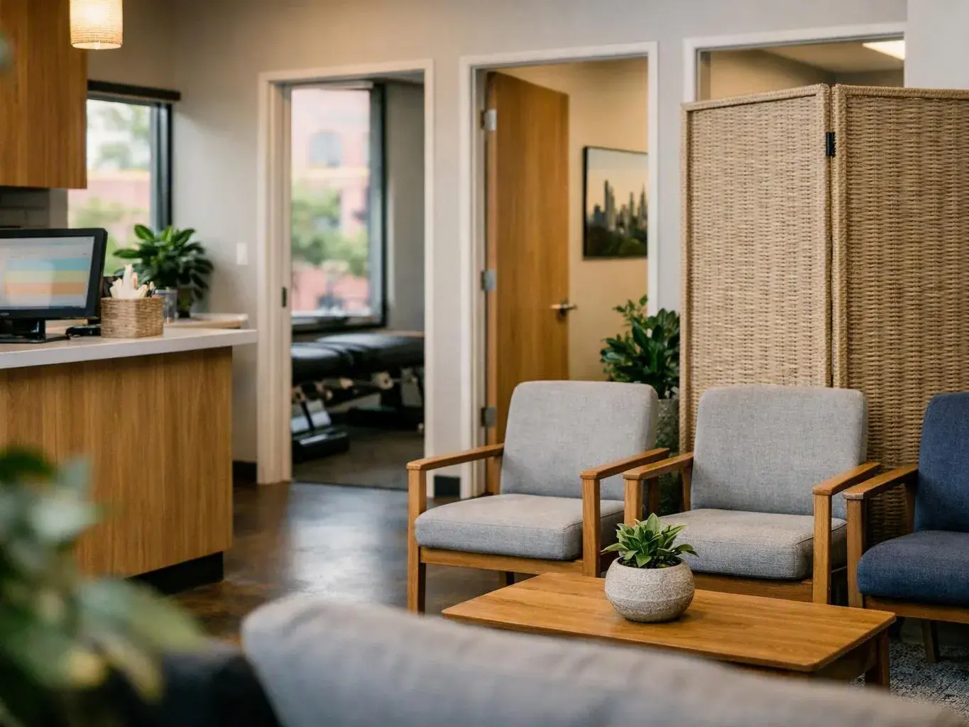 A quiet waiting room with chairs, a reception desk, potted plants, and open doorways to adjoining rooms