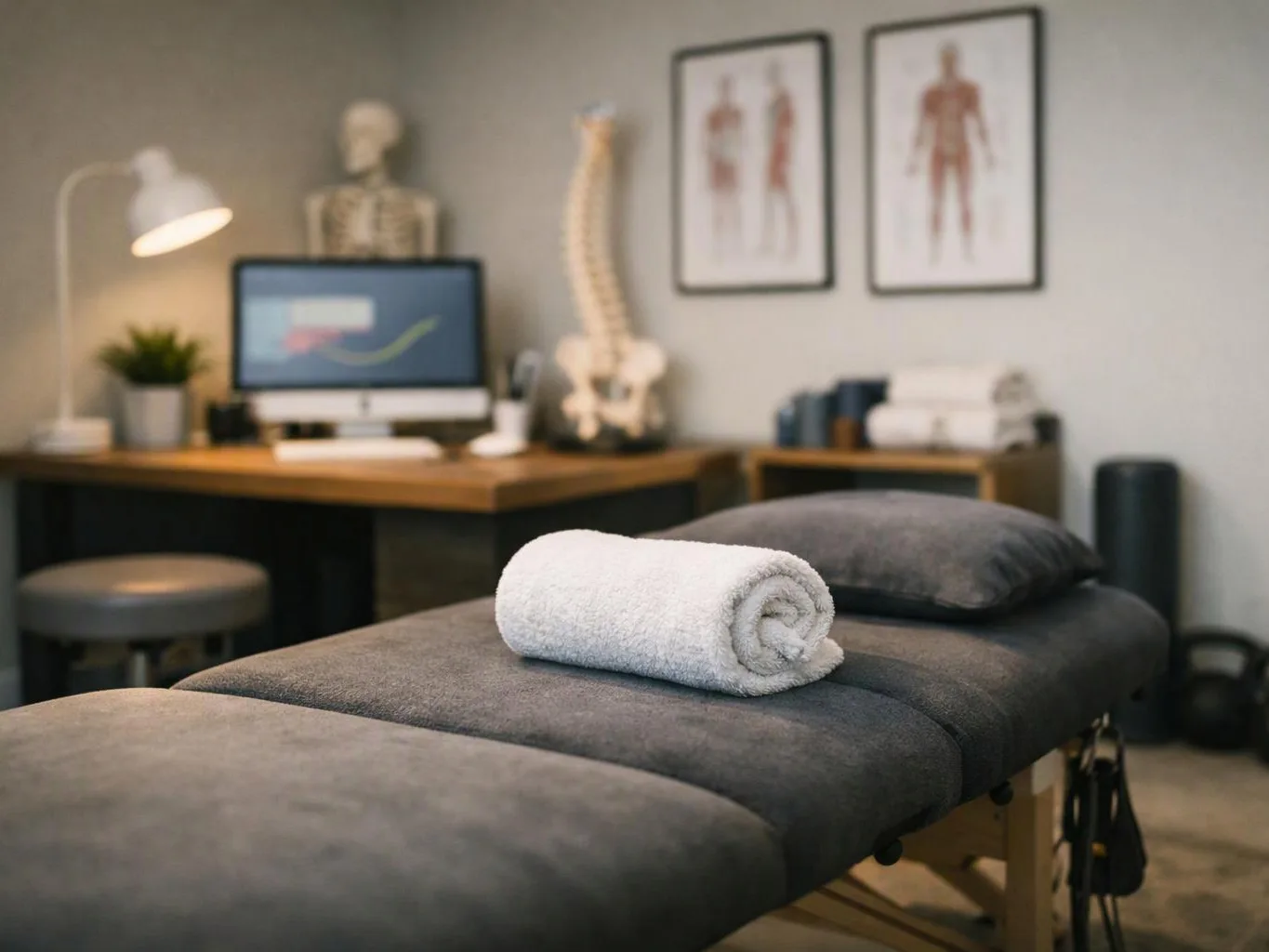A rolled white towel rests on a gray massage table in a quiet treatment room