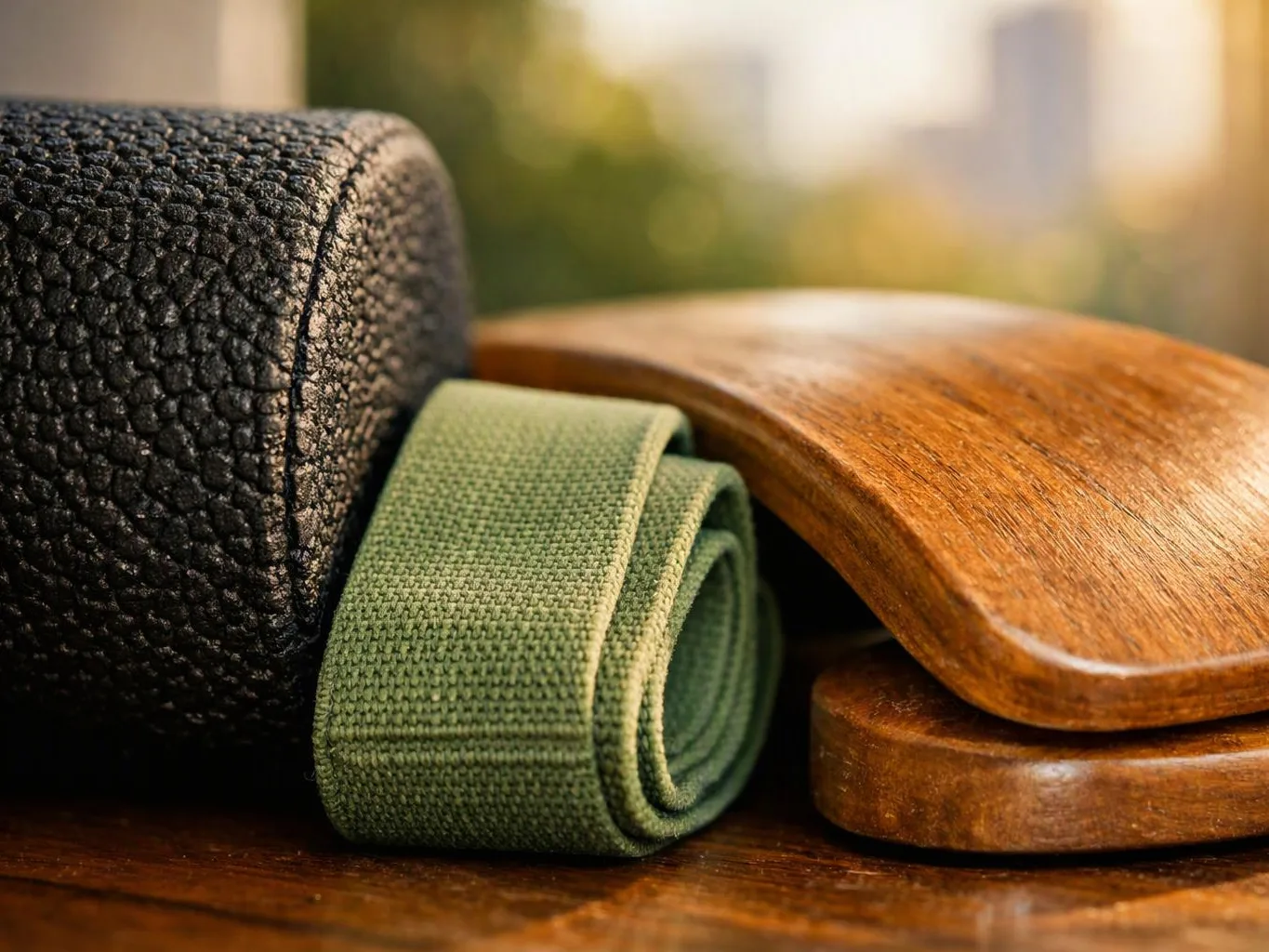 Rolled yoga mats and a wooden block sit on a sunlit table with a blurred outdoor background